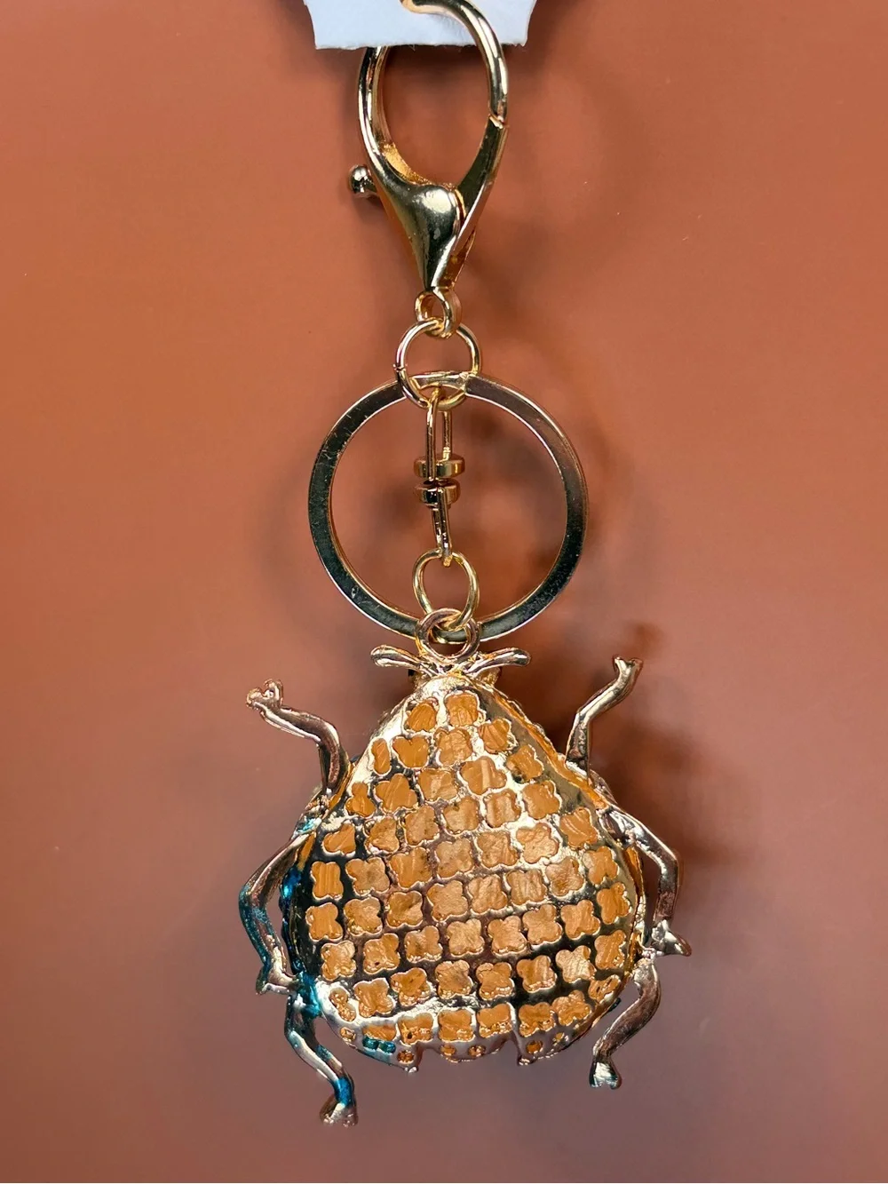 Sparkling Ladybug Keychain - Gold with Blue Aurora Rhinestones